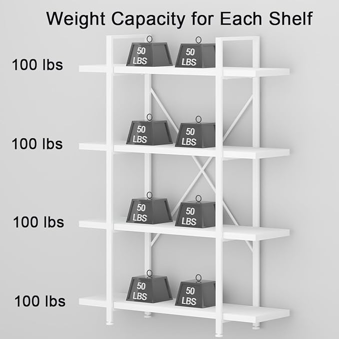 HSH 4 Tier White Bookshelf, Modern 4 Shelf Etagere Bookcase, Industrial Wood and Metal Storage Shelves and Display Book Rack, Farmhouse Open Wide Book Shelf for Bedroom Living Room Office, White Oak-DeskLoop Office