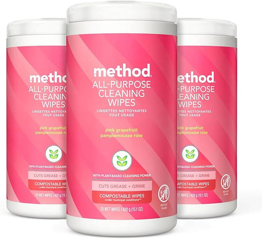 Method All-Purpose Cleaning Wipes, Pink Grapefruit, Multi-Surface, Compostable, 70 Count (Pack of 3)-DeskLoop Office