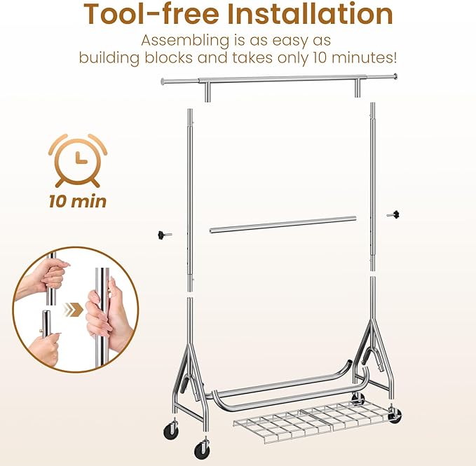 Double Rods Clothing Rack, Heavy Duty Clothes Rack for Hanging Clothes Load 560LBS, Metal Rolling Garment Racks with Wheels, Freestanding Clothes Hanging Racks, Silver-DeskLoop Office