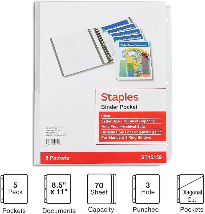 Staples Poly Binder Pocket, 3‑Hole Punched – 5/Pack - Image 2