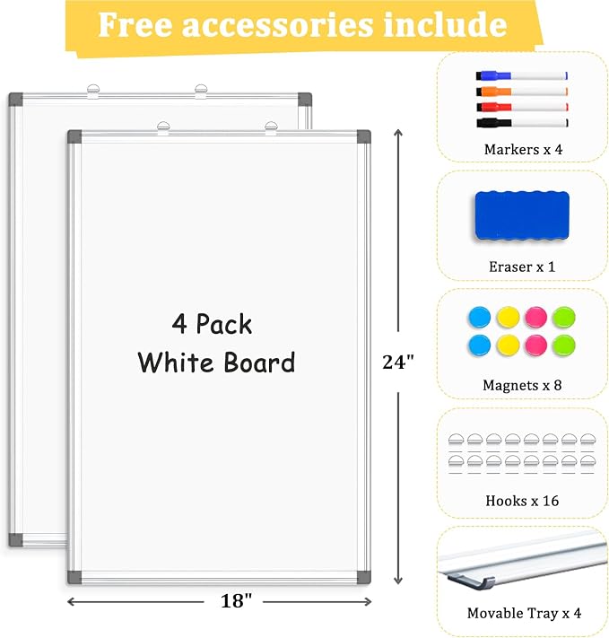 AMUSIGHT 4 Pack Double-Sided Magnetic Whiteboard, Aluminum Frame White Board - Image 4