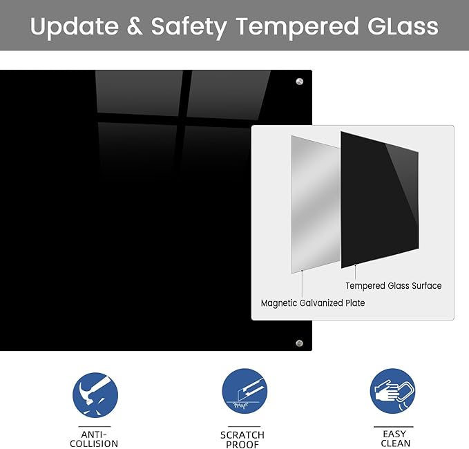 Glass Magnetic Black Board - 48 x36 Inches Frameless Dry Erase Blackboard for Wall, Wall Mounted Glass Board, Writing Board for Office, Meetings and Schools-DeskLoop Office