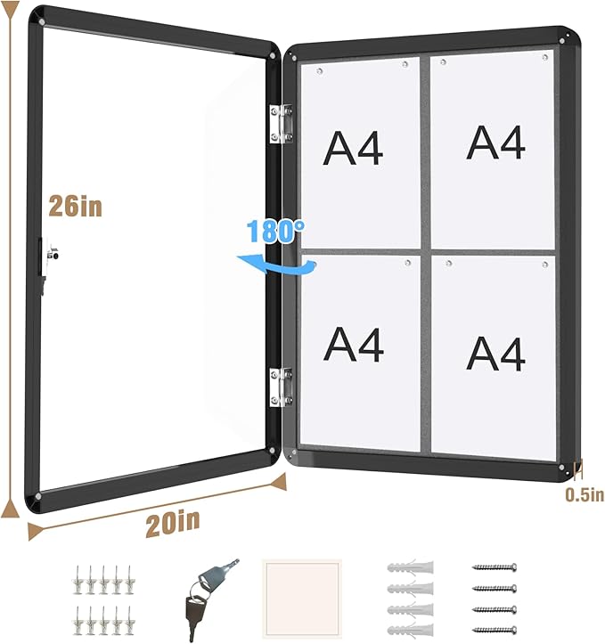 26"x20" Enclosed Bulletin Board, Lockable Weather-Resistant Aluminum Cork Noticeboard for School & Office, Black Frame w/Grey Flet-DeskLoop Office