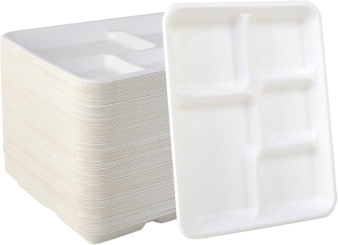 Vplus 100% Compostable Small 5 Compartment Plates 125 Pack 10.25 x 8.25 inch by Vplus