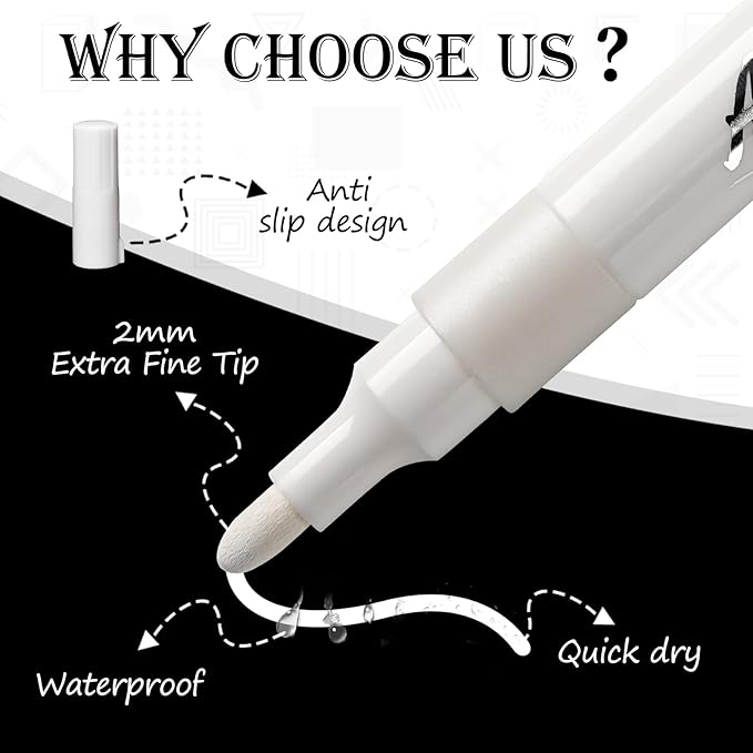 White Markers Pen, 8 Pack Paint Pens, Fine Tip Acrylic White Permanent Markers for Sketching, Drawing, Wood, Rock, Tyres, Plastic, Leather, Glass, DIY Painting-DeskLoop Office