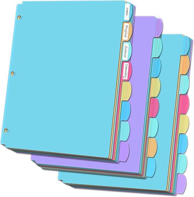 8 Tab Plastic Dividers for 3 Ring Binders, Write & Erase, Tabbed File Dividers by Clipique
