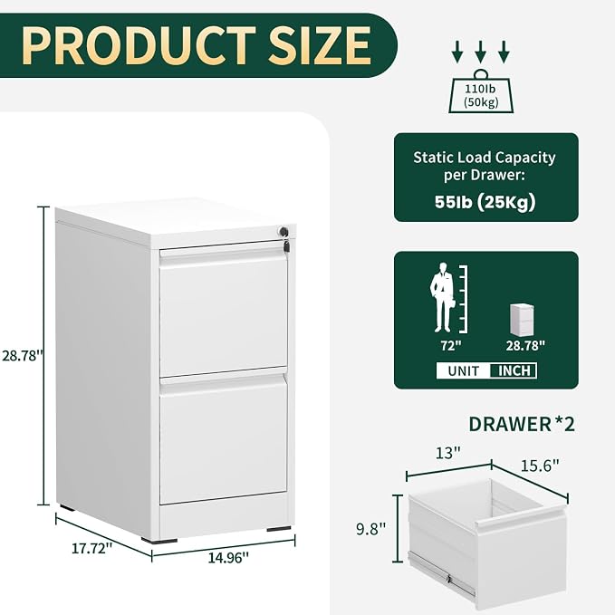 Yukimo 2 Drawer File Cabinet for Home Office, Vertical File Cabinet - Image 3