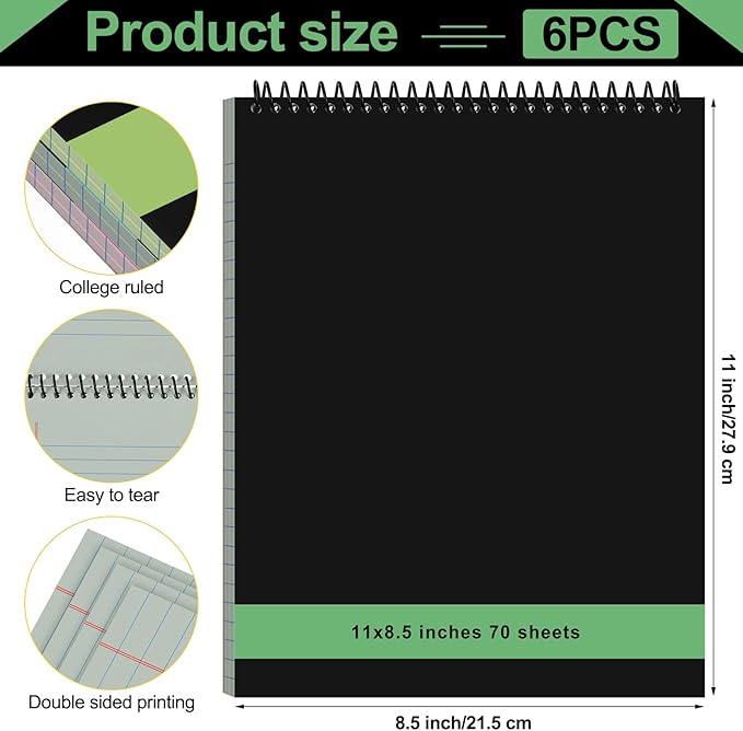 6 Pcs Legal Pad Top Spiral Bound Notebook 70 Sheets Wirebound Notepad Double Sided Ruled Memo Steno Book with Stiff Back Cover for Business(8.5 x 11 Inches,No Holes,Neutral Color)-DeskLoop Office