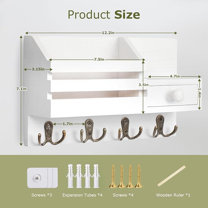 Key Holder Wall Mount, Wooden Adhesive Mail and Key Organizer - Image 5