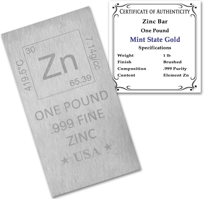 1 lb Pound Zinc Bar .999 Pure Paperweight | Element Design by MintStateGold