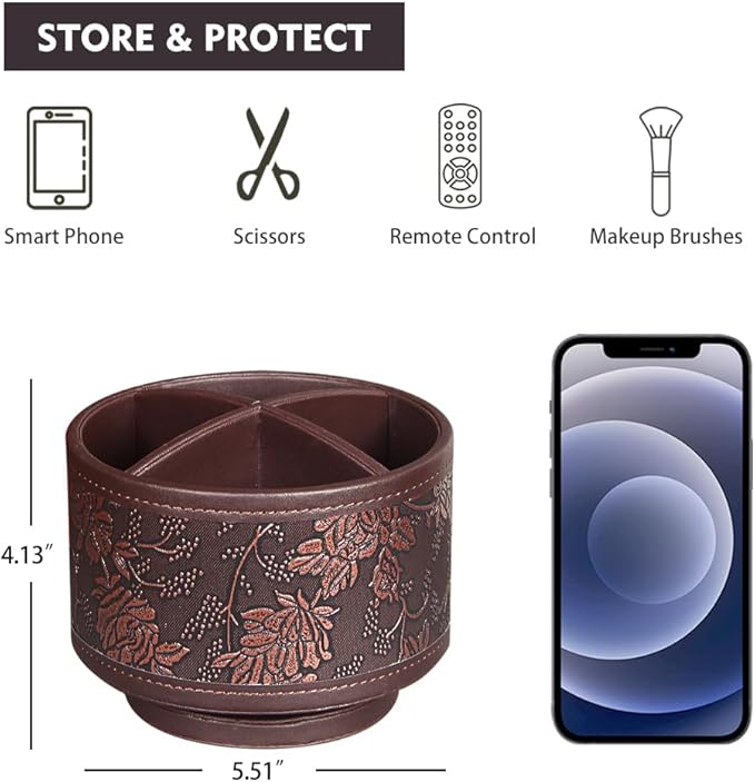 360° Rotating Pen Holder for Desk, Leather Pencil Pen Organizer Remote Control Holder Table Desktop Nightstand Organizer Caddy Storage, Office Desk Organizers And Accessories 5.5x5.5x4.0 Inch-DeskLoop Office