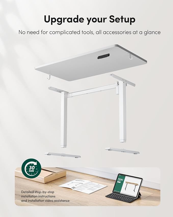 FEZIBO One-Piece Standing Desk Adjustable Height Stand up Home Office Desk, 32x24 Inch Electric Standing Computer Desk, with 4 Memory Presets, Fixable casters, White-DeskLoop Office