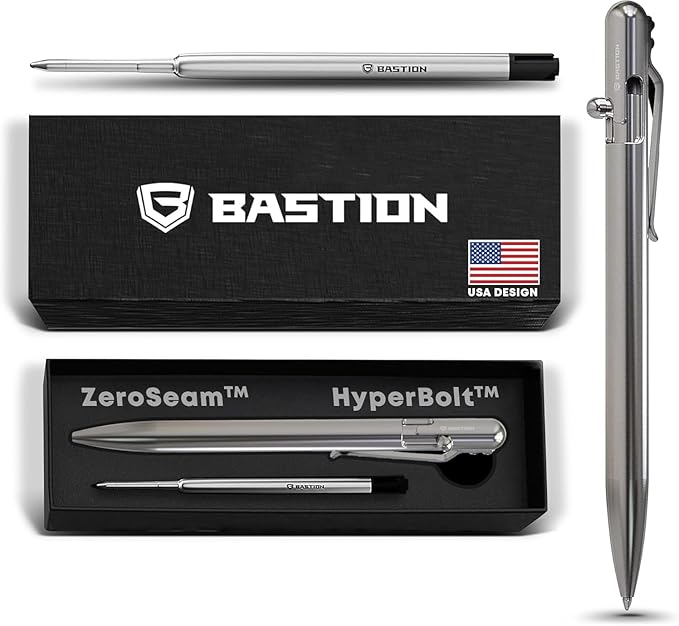 BASTION® Luxury Slim Bolt Action Pen, Durable EDC Pen with Fine Tip, Professional Ballpoint Pen for School and Work - Stainless-DeskLoop Office