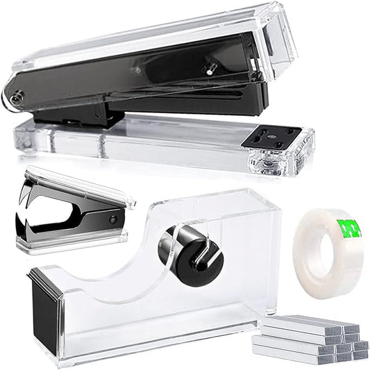 Acrylic Black Tape Dispenser and Desktop Stapler, Includes Staple Remover by VOSTOR