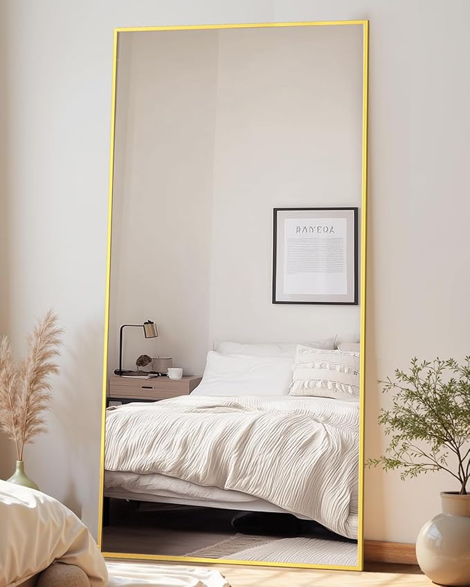 Full-Length Floor Mirror with Stand, 71"x32" Rectangle Style Full Body Standing Mirror for Bedroom, Living Room, Gym, Dorm - Shatter-Resistant & Easy Assembly, Gold-DeskLoop Office