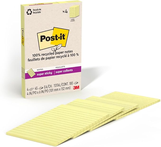 Post-it 100% Lined Recycled Super Sticky Notes, 4 x 6 in, 4 Pads | School by Unknown