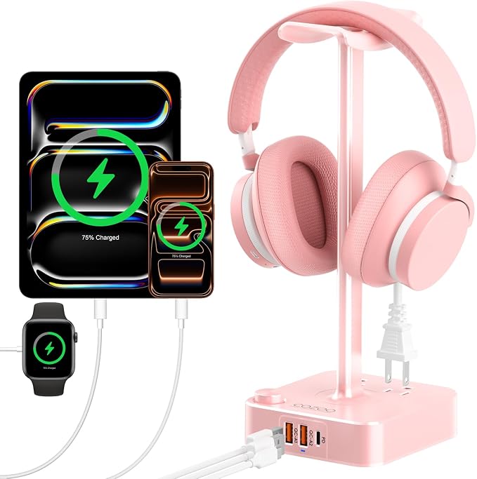 Pink Headphone Stand with USB Charger, Gaming Headset Holder with 3 USB Ports & by COZOO