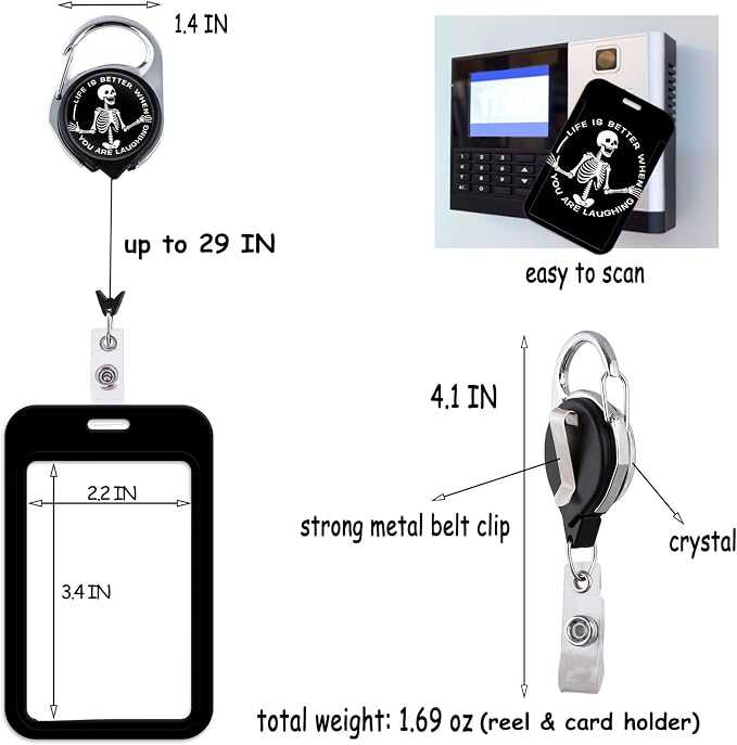 Black Skull Badge Holder Skeleton Work Retractable Reel - Image 4