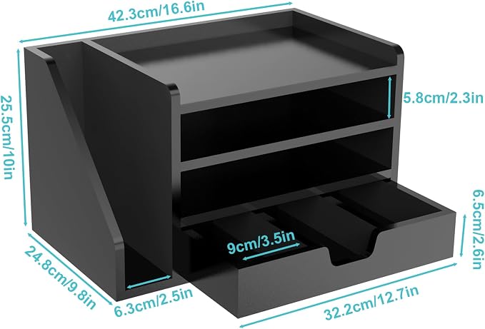 Multi-Tier Wood Desk File Organizer, 3 Tray Shelves & Adjustable Drawer - Image 8