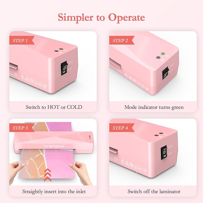 Crenova A4 Laminator Machine 4 in 1 Personal Desktop Hot & Cold with 10 Laminating Pouches No Bubbles 9 Inch Thermal Laminator for Home Office School Business Use Pink-DeskLoop Office