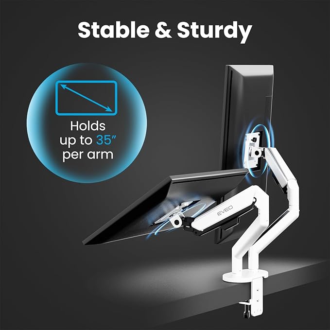 EVEO Premium Dual Monitor Mount 14"-35” Dual Monitor Arm VESA Bracket Adjustable Height Gas Spring Dual Monitor Stand, Screen Full Motion Dual Monitor Arm-Computer Monitor Stand for 2 Screens - White-DeskLoop Office
