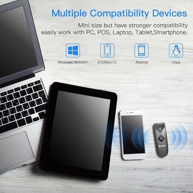 Eyoyo Bluetooth 2D&1D Barcode Scanner, Portable Wireless Mini Barcode Reader with 2.4G Wireless/Bluetooth/USB Wired Connection QR Code Scanner Compatible with Pad, Phone, Android, Tablet PC-DeskLoop Office