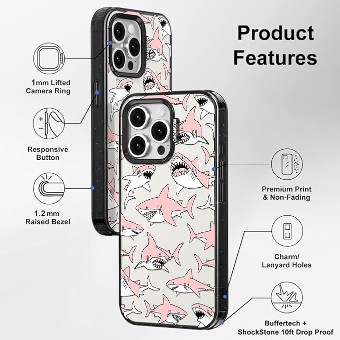 MOSNOVO Case for iPhone 15 Pro Max, [10ft 4X Military-Grade Drop Protection] Durable & Shockproof Phone Case Cover Design for iPhone 15 Pro Max - Pink Sharks - Clear Black
