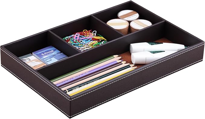 KINGFOM Pu Leather Desk Organizer Tray, 4 Compartment Office Storage Supplies Stationery Drawer Tray, Nightstand Bedside Tray for Key, Wallet, Watch, Coin, Phone Valet Tray Stackable-DeskLoop Office