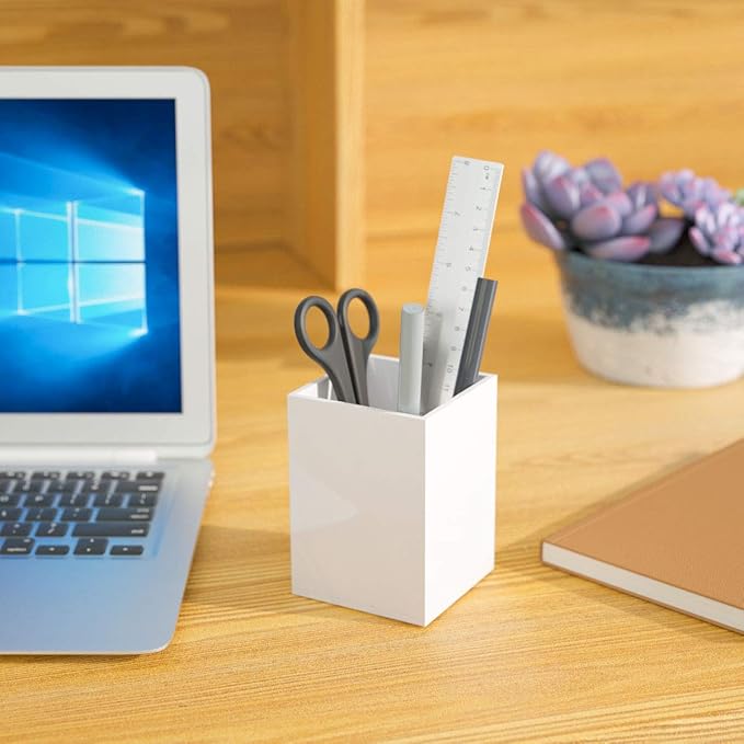 NIUBEE White Acrylic Pen Holder 2 Pack, Desktop Pencil Cup Stationery Organizer - Image 4
