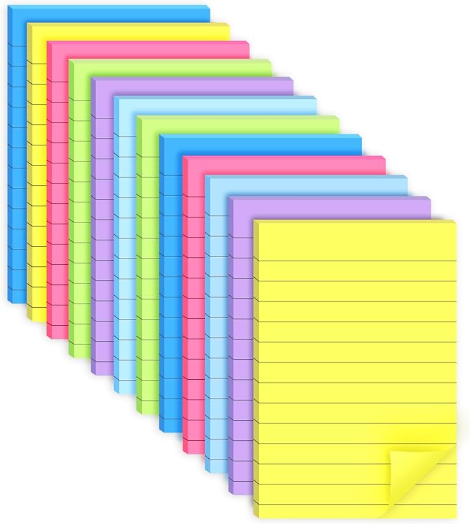 12 Pack Lined Sticky Notes 4x6 in Bright Colors Self-Stick Note Pads by WSPER