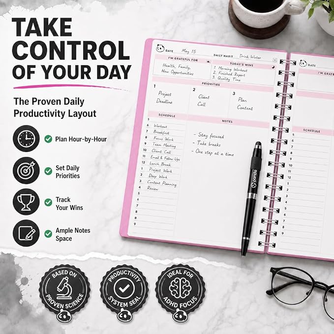 Panda Planner A5 Undated Daily Spiral Notebook 2026-2027, 5.75 x 8.25 Pink | - Image 3