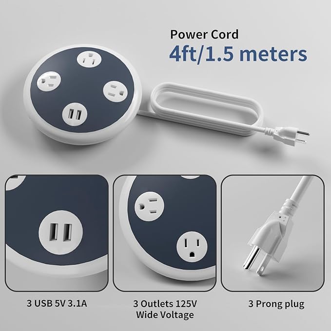3 Multi Outlet Power Strip Surge Protector with 2 Quick USB Charging Ports, OviiTech Round Desktop Charging Station,UFO Shape, ETL Certified, Black and White-DeskLoop Office