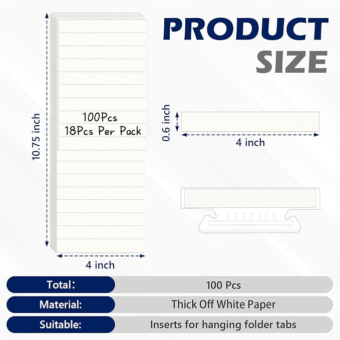 100 Pcs Hanging File Folder Paper Inserts 4 inch Off White Blank File Tab - Image 2