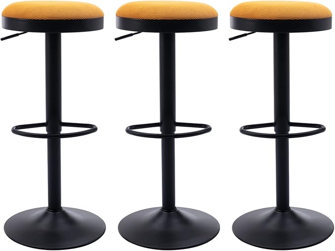 Round Swivel Counter Height Bar Stools Set of 3 Modern Adjustable Barstools Backless Corduroy Bar Chairs Industrial Island Chairs with Metal Base/Footrest for Kitchen Island/Pub/Bar, Yellow-DeskLoop Office