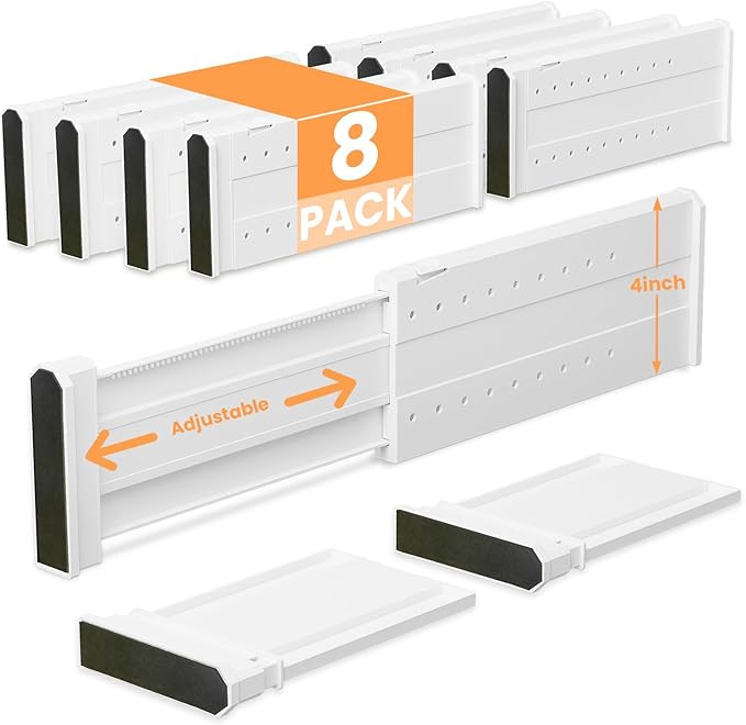 REBECAT 8 Pack Drawer Dividers for Clothes Adjustable Drawer Dividers 4" High Expandable from 11"-17" for Dresser Baby Clothes Bathroom Bedroom Kitchen and Office Storage，White-DeskLoop Office