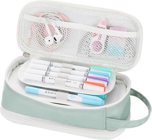 Dugio Big Pencil Case for Girls Teens Kids Zipper Pencil Pouch with Handle Organizer Pencil Bag Aesthetic Pencil Pen Case for School Green-DeskLoop Office