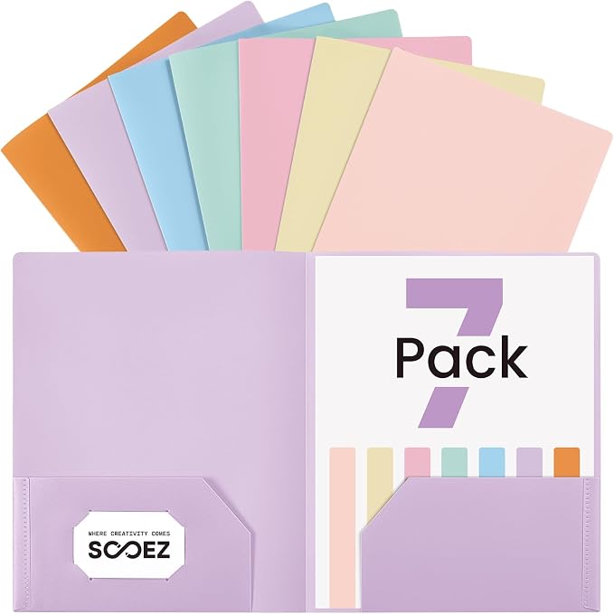 Sooez 7 Pack Folders with Pockets, 2 Pocket Folders with Extra Labels, Plastic by Sooez