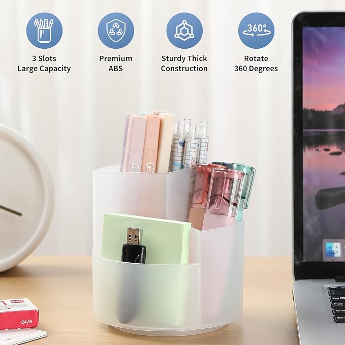 Desk Pencil Pen Holder, 3 Slots 360-Degree Spinning Organizers, Desktop Storage - Image 2