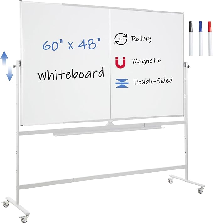 FORTUNO Large Magnetic Mobile Whiteboard 60"x48", Rolling Double Sided Stand Whiteboard on Wheels, Reversible Adjustable Height/Angle Dry Erase Board 5' x 4' Easel White Board for Office Classroom-DeskLoop Office