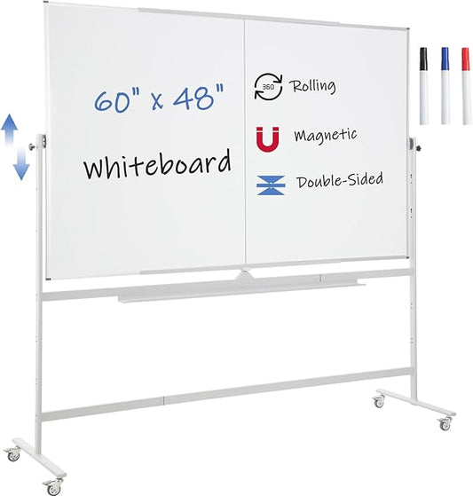 FORTUNO Large Magnetic Mobile Whiteboard 60"x48", Rolling Double Sided Stand Whiteboard on Wheels, Reversible Adjustable Height/Angle Dry Erase Board 5' x 4' Easel White Board for Office Classroom-DeskLoop Office