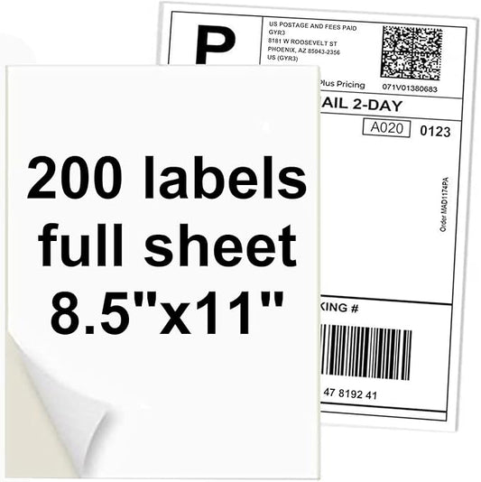 Full Sheet Sticker Paper for Laser & Ink Jet Printers, 8.5" x 11" Full Sheet Address Shipping Label, 200 Sheets 200 Labels-DeskLoop Office