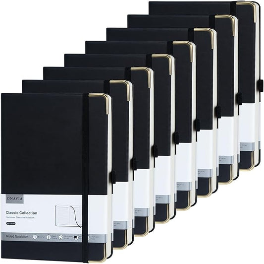 A5 Black Lined Journal Notebook - 100 GSM Thick Paper, 8 Pack Hardcover Journaling Notebooks for Writing, Work, Travel, College Ruled Journals for Women & Men, PU Leather Note Books, 5.5”x8.3”-DeskLoop Office