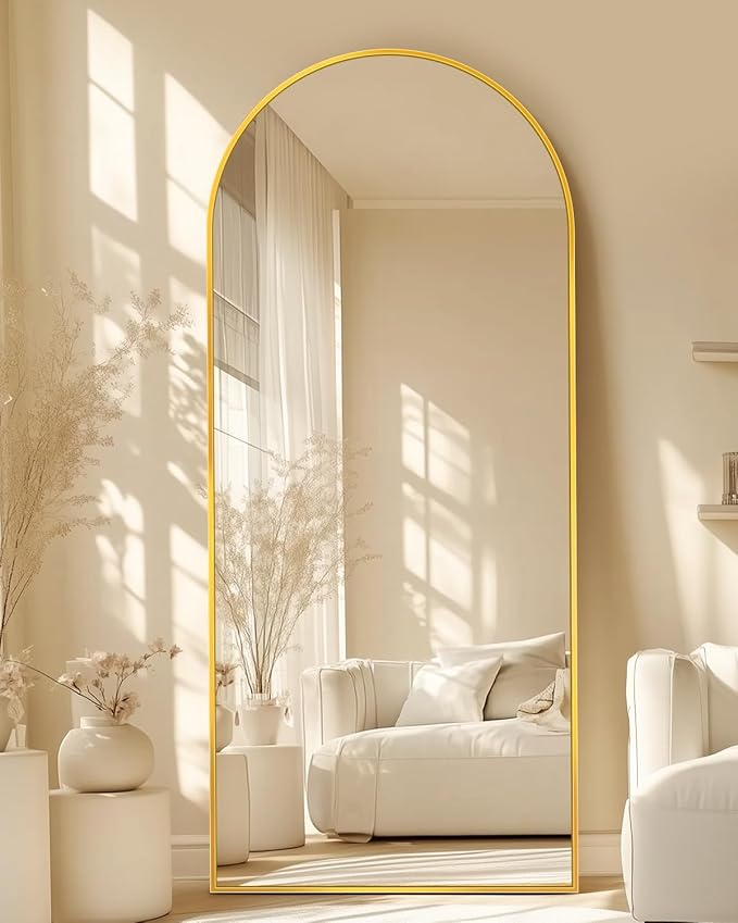 Full-Length Floor Mirror with Stand, 58"x21" Arched Style Full Body Standing Mirror for Bedroom, Living Room, Gym, Dorm - Shatter-Resistant & Easy Assembly, Gold-DeskLoop Office