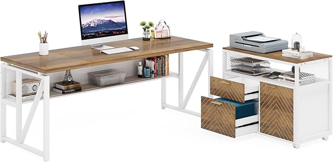 Tribesigns Office Desk with Drawers Sets, 63 inches L Shaped Computer Desk with Mobile File Cabinet,Big Executive Desk for Home Office Furniture Sets (Light Walnut, 63-inch)-DeskLoop Office