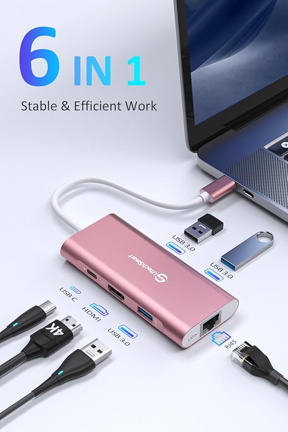 UtechSmart USB C Hub, Ethernet Multiport Adapter 6 in 1 USB C to HDMI Dock Compatible for MacBook Pro/Air, Chromebook, Dell XPS, HP and Type C Devices (Gigabit Ethernet 100W PD 4K HDMI USB 3.0) Pink-DeskLoop Office