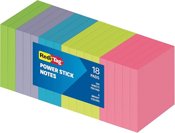 Redi-Tag Sticky Notes, Power Stick Notes, Adhesive Reminders, 3" x 3" Reusable Notes, Strong Adhesive Memos, Assorted Bright Colors, 18 Pack (1000977)-DeskLoop Office