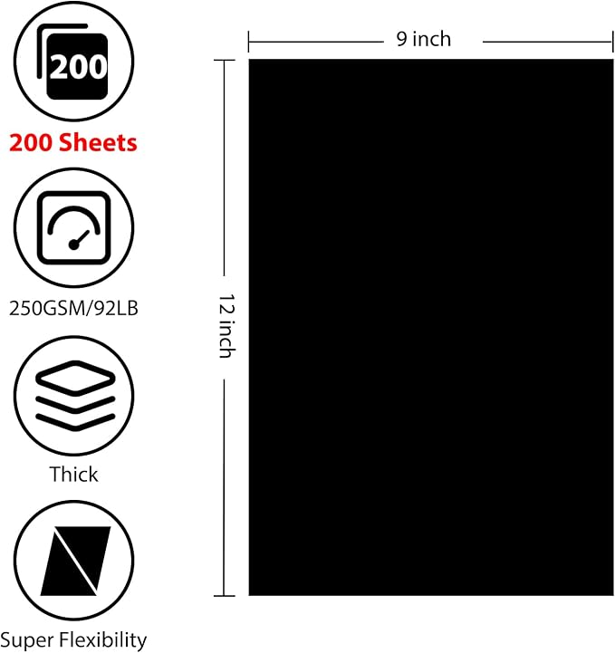 OcePor 200 Sheets Black Cardstock 9” x 12”, 92lb/250gsm Black Card Stock - Image 2