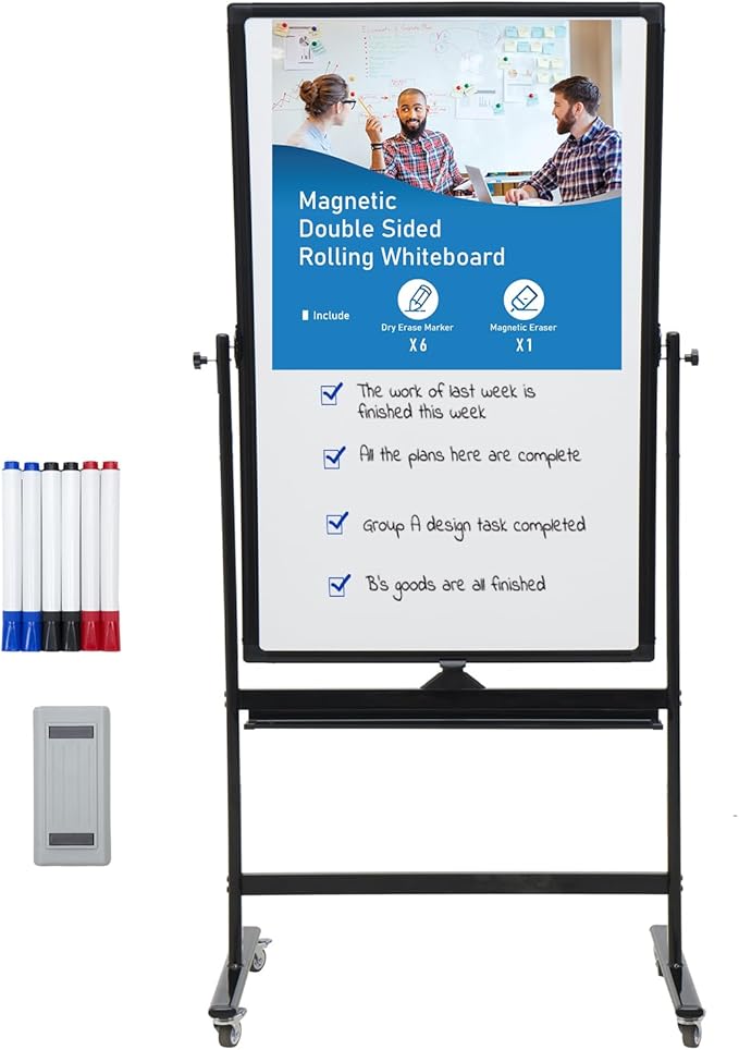 40" x 28" Double-Sided Mobile Whiteboard with Wheels | Rolling Magnetic Dry Erase Board on Stand | Adjustable Height Black Frame White Board for Office, Classroom & Home-DeskLoop Office
