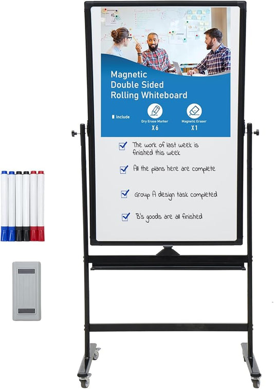 40" x 28" Double-Sided Mobile Whiteboard with Wheels | Rolling Magnetic Dry Erase Board on Stand | Adjustable Height Black Frame White Board for Office, Classroom & Home-DeskLoop Office