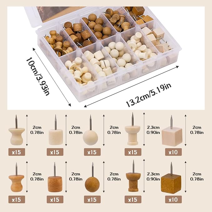 TLKKUE 140 Pieces Push Pins, 5 Style Wood Push Pins Decorative Thumb Tacks - Image 2